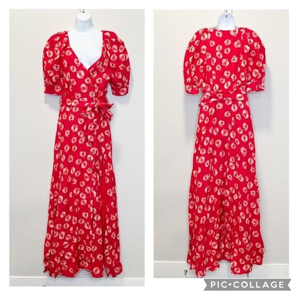 NEW Fame and Partners x Free People Button Front Floral Red Long Dress Size 2 - Picture 1 of 7